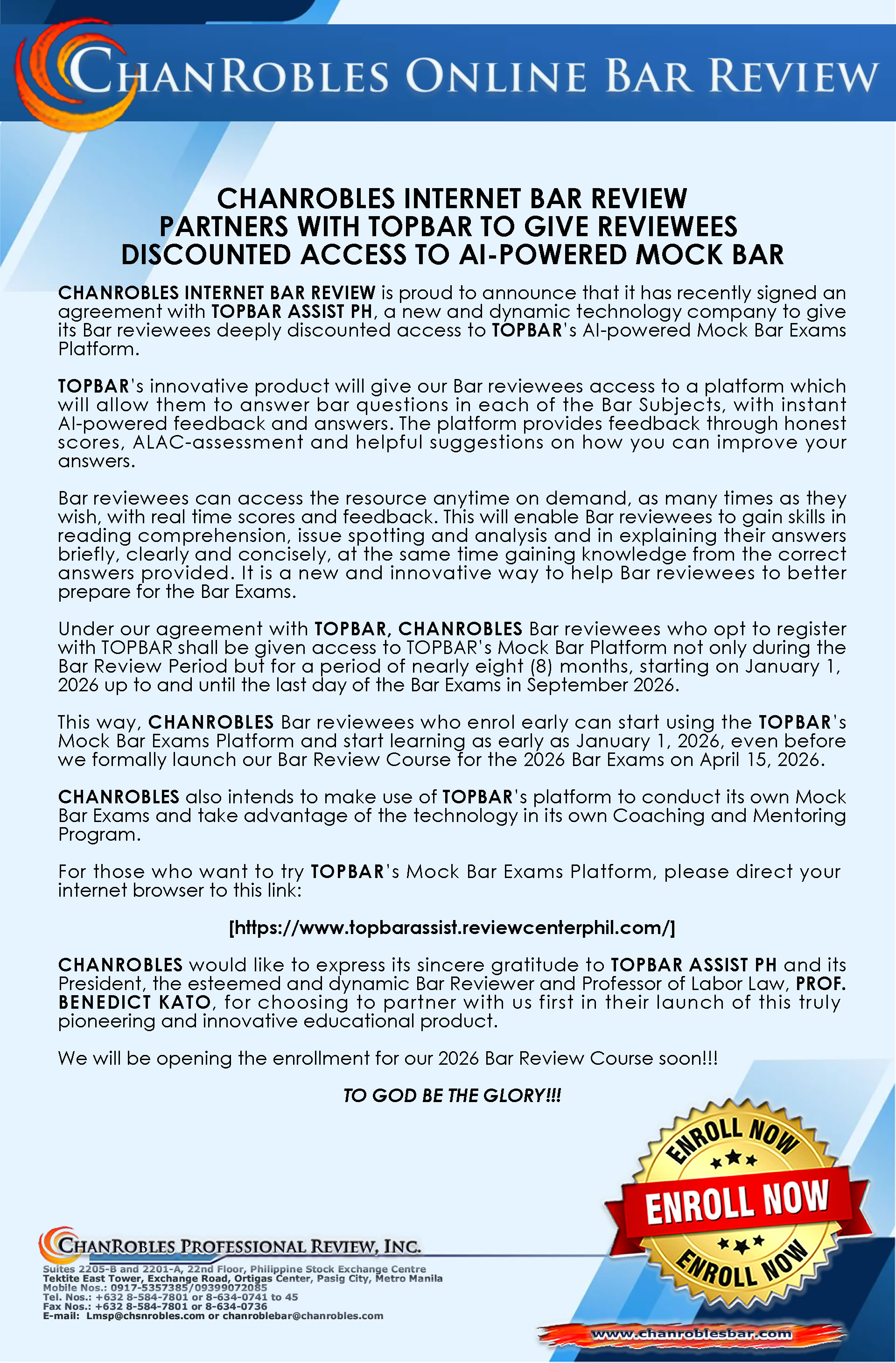 CHANROBLES INTERNET BAR REVIEW PARTNERS WITH TOPBAR TO GIVE REVIEWEES DISCOUNTED ACCESS TO AI-POWERED MOCK BAR - ChanRobles Bar Review On-Line - ChanRobles Professional Review, Inc.